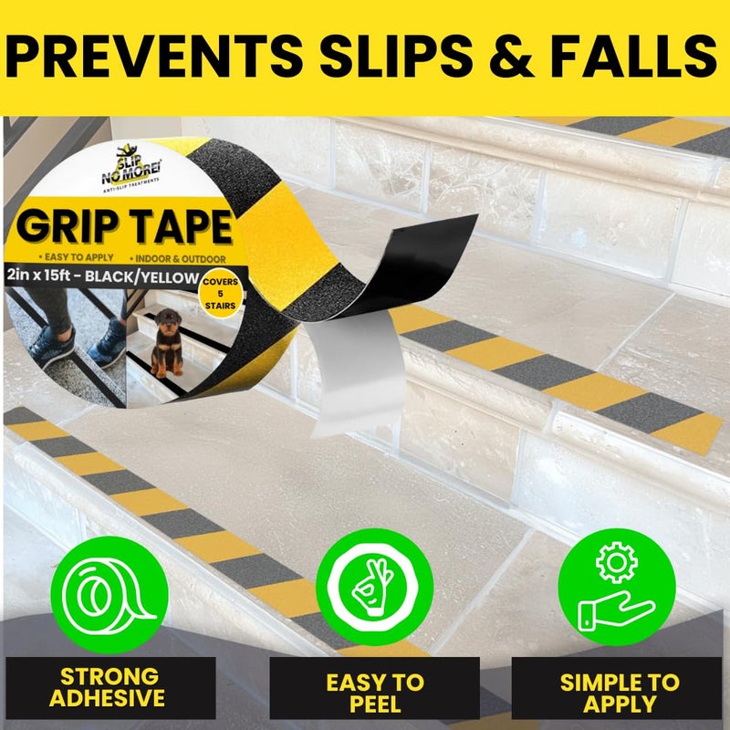 Slip No More! Grip Tape - Heavy Duty Hazard Tape Roll - Black and Yellow 2in x 15ft. Waterproof, Non Skid Tape for Stairs & Ramps. Yellow Caution Floor Tape for Indoors/Outdoors. Friction Tape Covers 5 Stairs. - Image 2